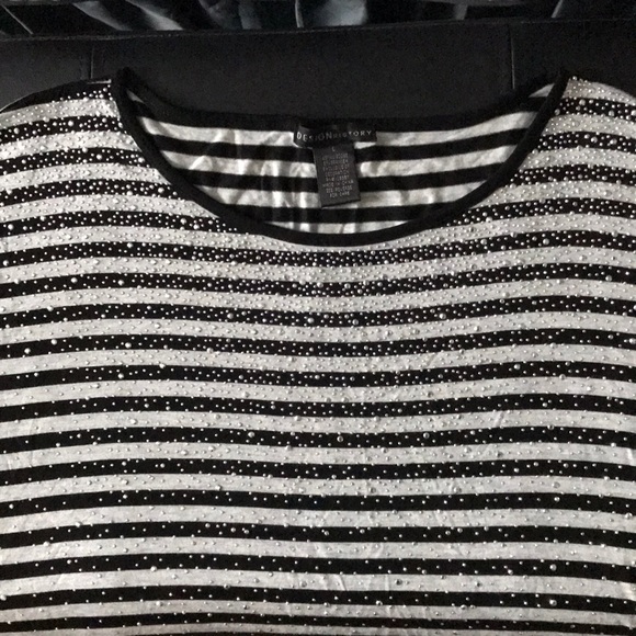 DESIGN history Black & White Stripe Silver Bling Top Cap Sleeve Round Neck L - Picture 5 of 12